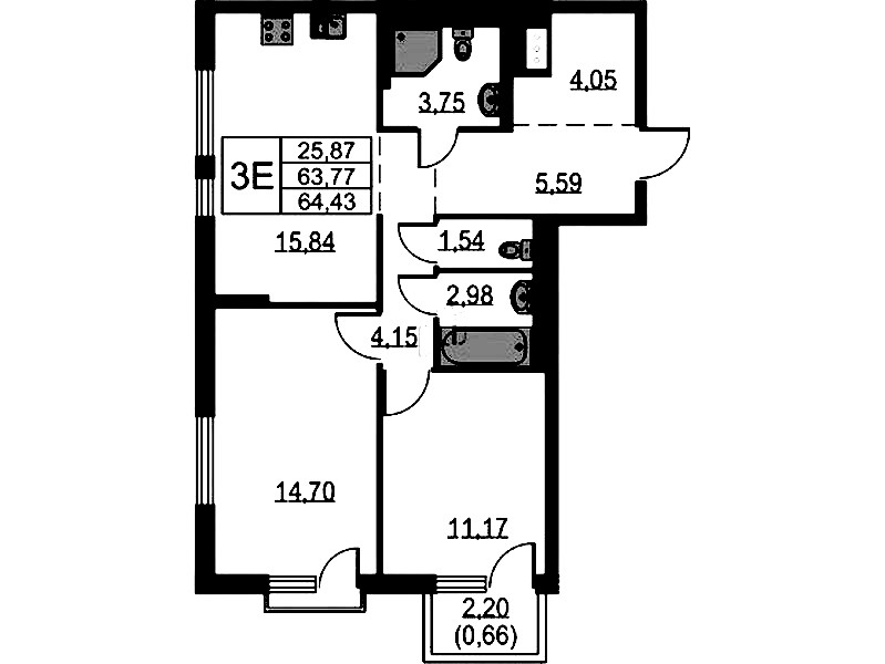 2-комнатная квартира 64.43 м², 13/18 эт., ЖК «Невская Долина»